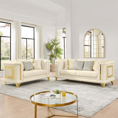 Ensemble de canapé de luxe en velours avec des rayures capitonnées, des coussins en mousse à mémoire de forme, un support de ressorts indépendant et une texture brodée pour un confort et un style Mid-Century intemporel.