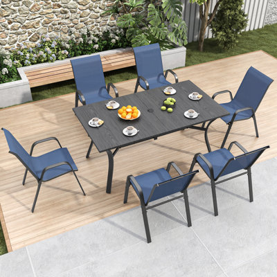 7-Piece Outdoor Patio Dining Set, Rectangular Wood-Grain Metal Table With Umbrella Hole And 6 Ergonomic Chairs, Waterproof Textilene Fabric, Rustproof Metal Frame