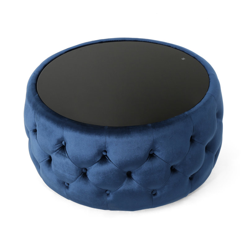 Dark Blue Modern With Button- Upholstery And Strong Tempered Glass, 29.42" W X D 14.91" H Velvet Embellishment, Blue, Glass Top, Class, 30" 14.5