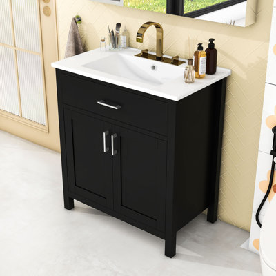 Meuble-lavabo de rangement avec lavabo en céramique et 2 portes Cabient