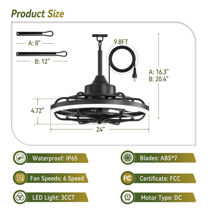 Cissline 24" Waterproof Plug-in Outdoor Ceiling Fans with Light and Remote, Wet Ceiling Fan for Patio, 24"