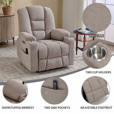 Fauteuil inclinable Power Lift avec massage et chaleur pour personnes âgées, fauteuils inclinables larges, mécanisme de mouvement robuste avec ports USB et de type C, 2 porte-gobelets en acier