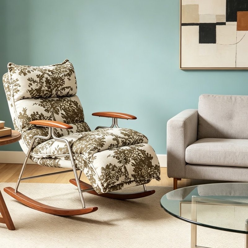 Chaise paresseuse inclinable et berçante de style Mid-Century de 23,62 po en tissu jacquard brun et beige, structure en acier inoxydable et en bois massif