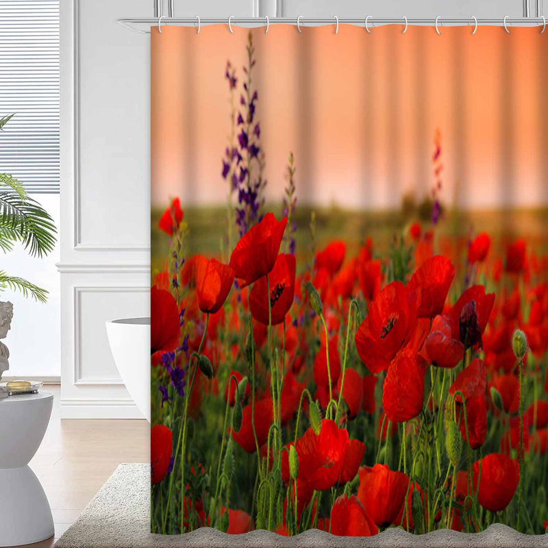 Rideau de douche avec 12 crochets Poppy Field Sunset Meadow, L 72 po x l 72 po