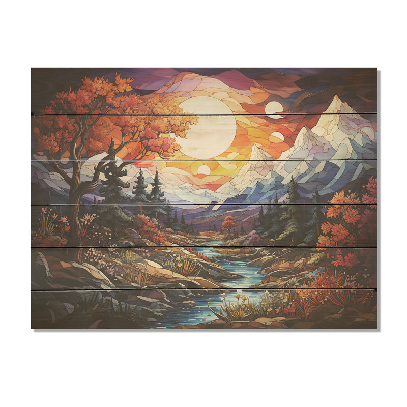 Combination Peaks Of Tranquility I - Mountains Wood Art On Natural Pine Wood, 10" H x 20" W