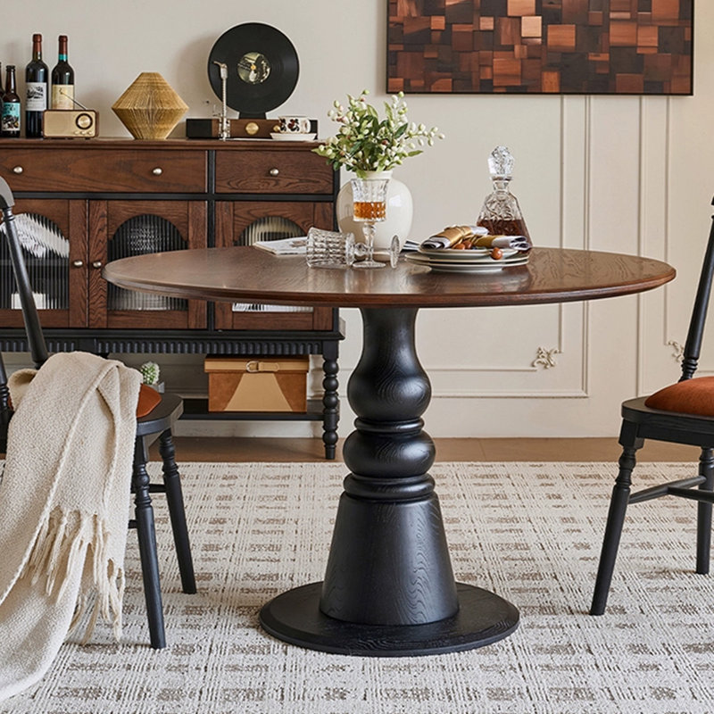 Brown Black Round Solid Wood Dining table, 29.53" H x 35.43" L x 35.43" W
