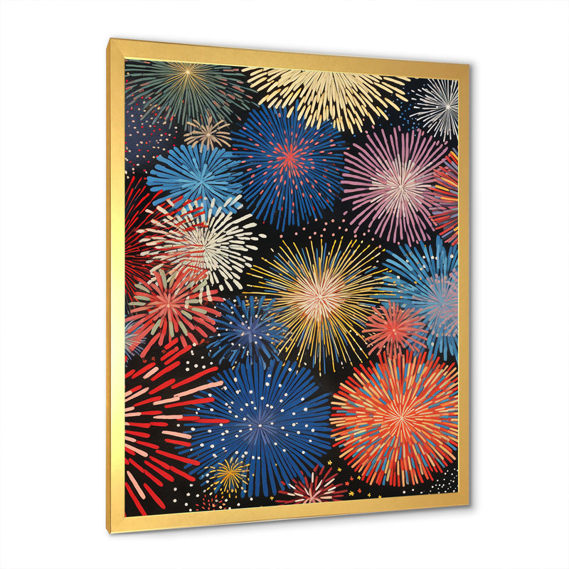 Colourful Fireworks Spectacle - Print on Canvas, Gold Single Picture Framed, 40" H x 30" W x 1.5" D