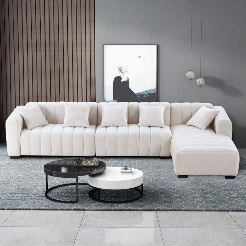 138.97" Wide Velvet Modular Sectional Sofa, White Velvet, Right Hand Facing