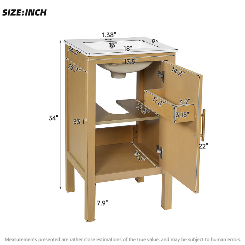 Armoire de salle de bain avec rangement, solution pour petit espace avec lavabo en céramique, tablette réglable, charnières à fermeture douce