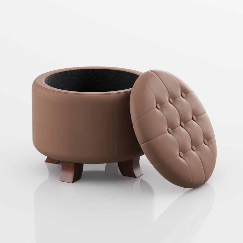 Storage Ottoman With Padded Seat, Modern PU Leather Footrest, Round Stool For Living Room Bedroom, Brown