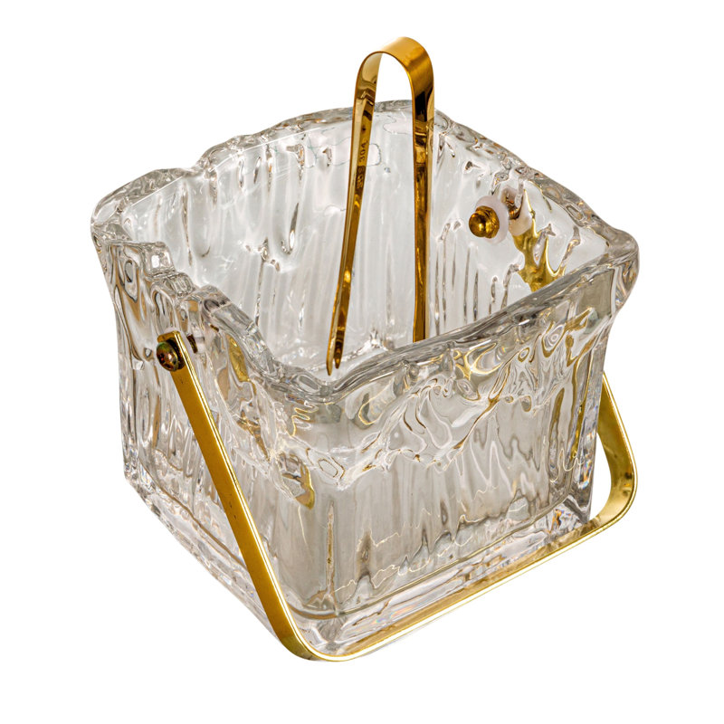 24-Ounce Textured Glass Ice Bucket With Gold Finish Handle And Tongs, Clear/Gold
