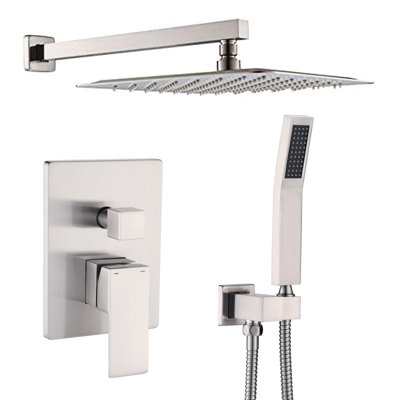 Système de pomme de douche 12 po fixé au mur - Nickel brossé - Imitation de pluie naturelle, drain autonettoyant, conforme à la réplique de pluie de tuyau American Standard