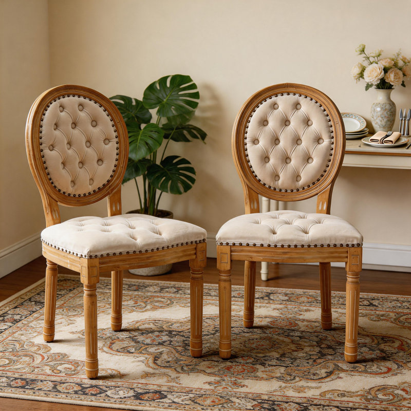 Ensemble de chaises de salle à manger à garniture cloutée style français (ensemble de 2), Beige