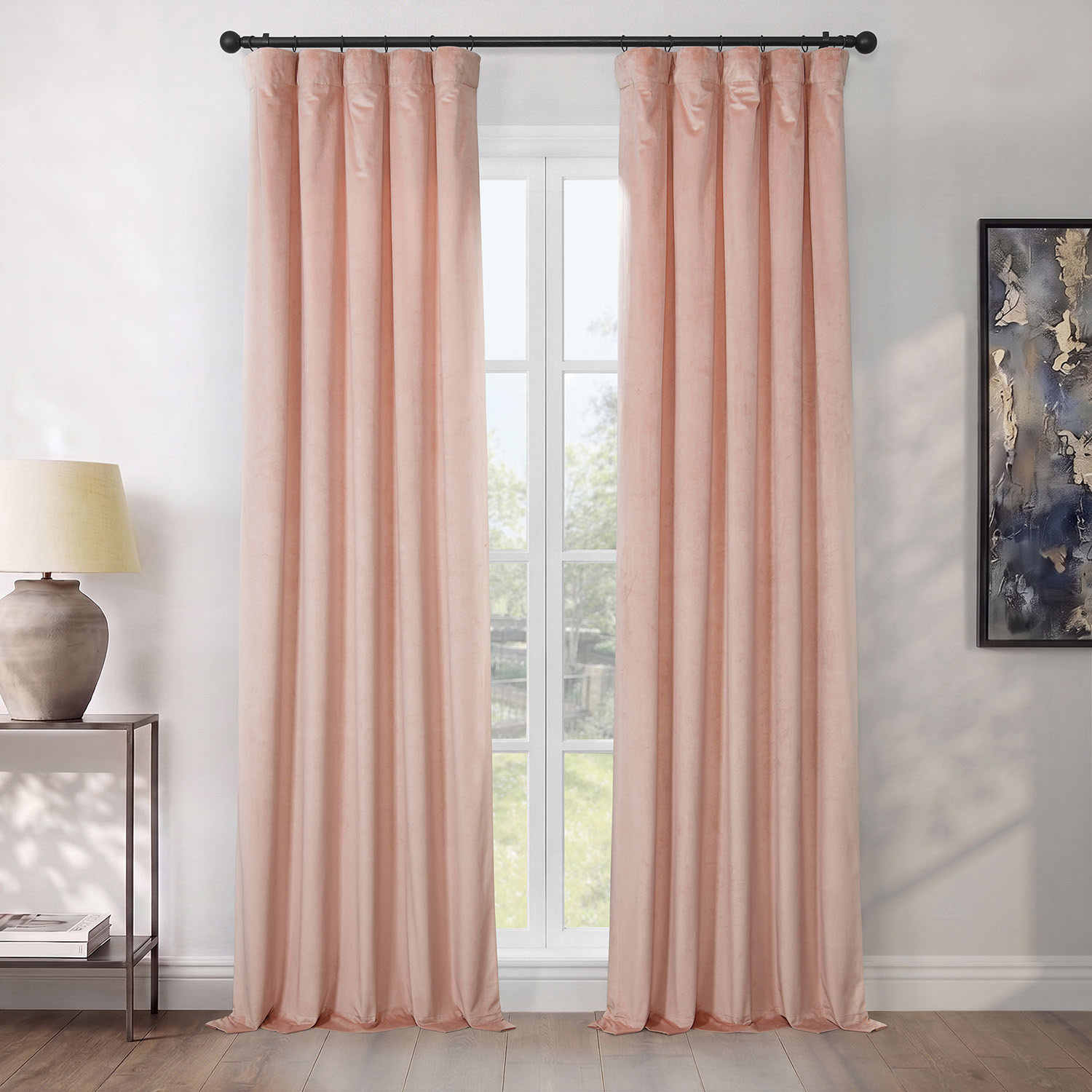 Matra Plush Velvet Room Darkening Curtain Panel, Peach Blossom, 50" W x 96" L