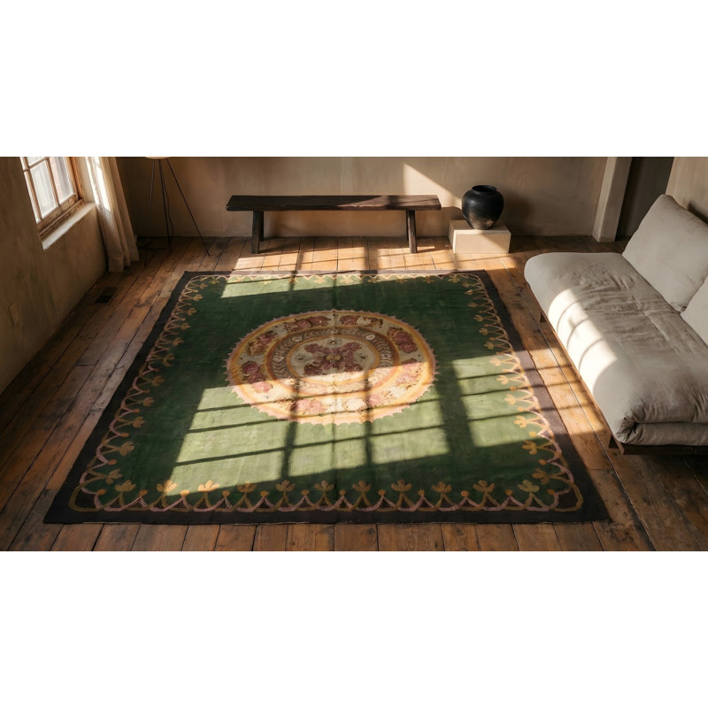 Green Antique  First Empire Floral Medallion Design French Aubusson Rug