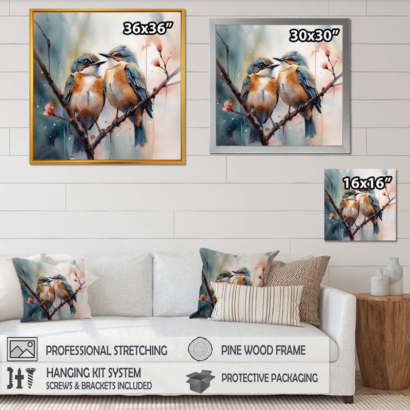 Oiseaux bleus assis sur une branche d'arbre III - Art mural floral, H 16 po x l 16 po, Cadre photo noir