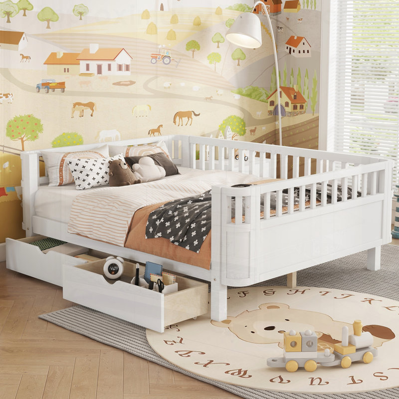 Lit plateforme en bois pour enfants, lit double à profil bas avec rails de sécurité et fabrication durable, Double, Blanc