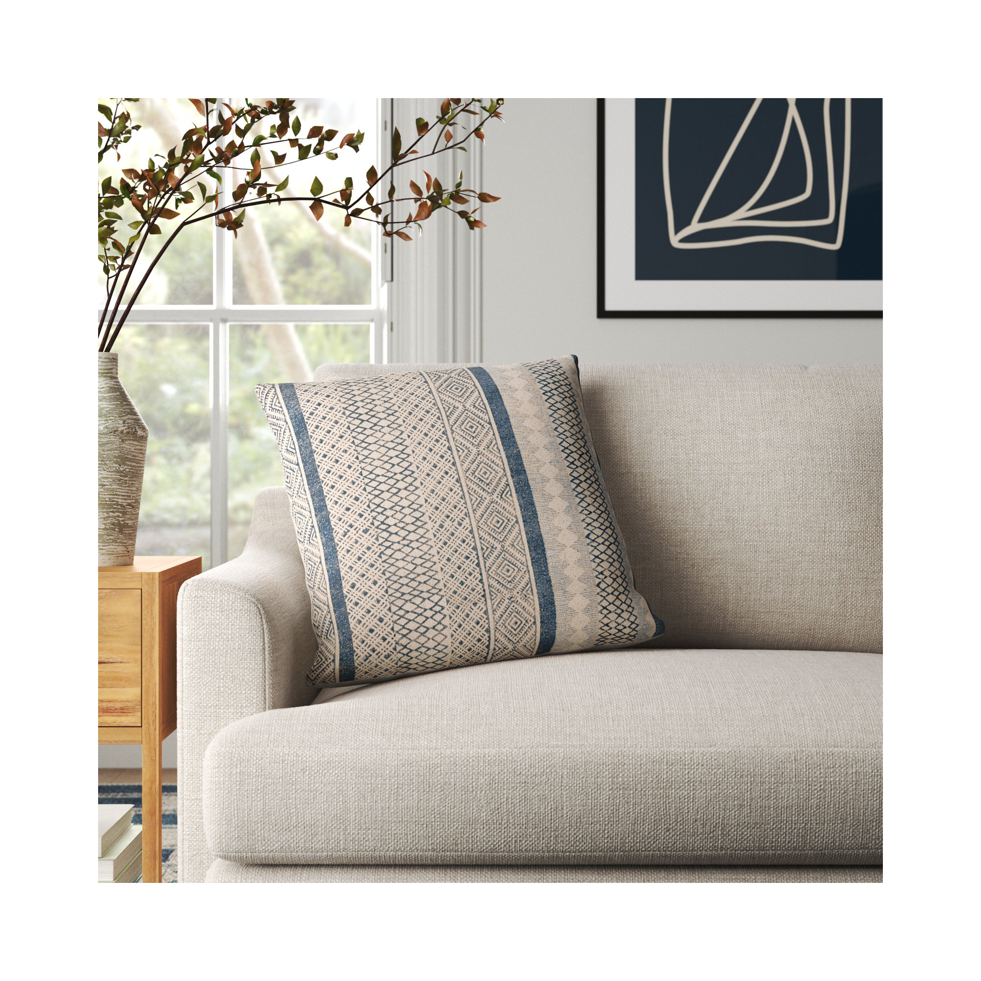 Zetta Geometric Cotton Throw Pillow, Pillow Cover Only - No Insert, 22" x 22", Light Beige/Dark Blue