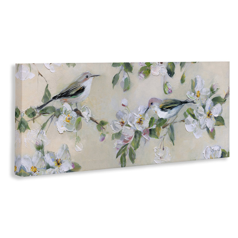 Art mural sur toile perché avec oiseaux chanteurs sur des branches, design par Sally Swatland, H 10 po x l 24 po