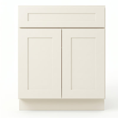 Armoire de base 27 po blanc doux prête à assembler avec portes en bois massif et tiroirs à queue d'aronde