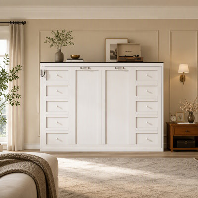 Space-Saving Murphy Bed Cabinet with Integrated Desk, LED Lighting, and Hydraulic Lift for Efficient Room Transformation