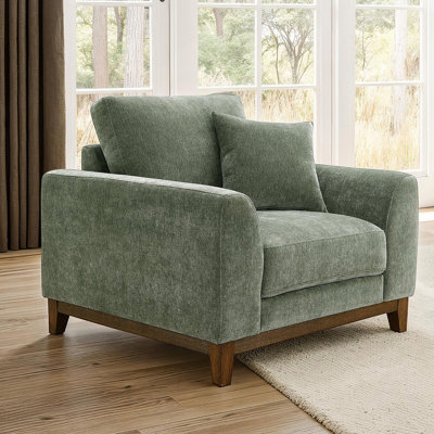 Chaise 1 pièce de style Mid-Century au fini olive vert avec garniture en bois de noyer, pieds fuselés, accoudoirs doux pour le salon, coussin décoratif inclus