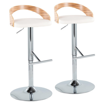 Tabouret de bar réglable en hauteur Mid-Century avec pivot en métal chromé, bois de zèbre et similicuir blanc avec repose-pieds droit en T - ensemble de 2