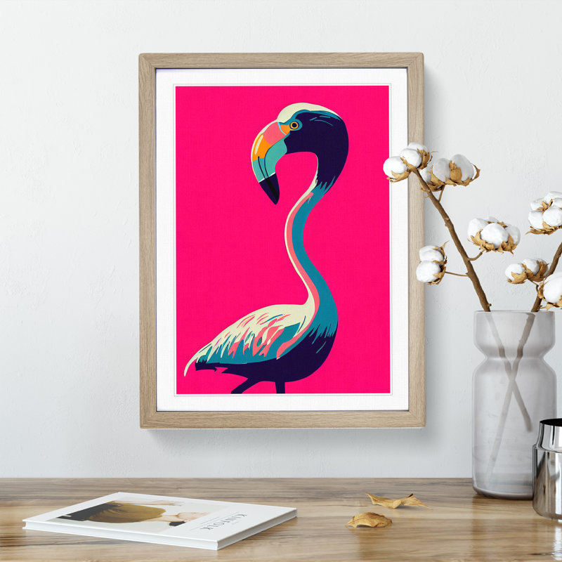 Unique Flamingo - Single Picture Frame Print, 34cm H x 25cm W x 2cm D, Oak Framed
