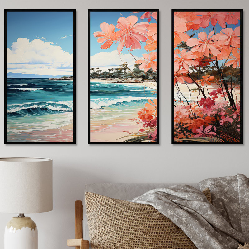 Tropical Beach Escape 4 - art mural bord de mer tropical, Cadre flottant noir, H 28 po x l 36 po x P 1 po