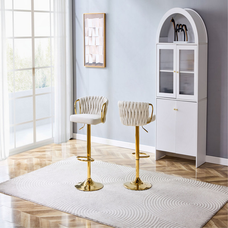 Ensemble de 2 tabourets de bar en velours tressé de luxe moderne avec hauteur réglable, base en métal doré et dossier en corde tissée, chaise de bar pivotante rembourrée pour îlot de cuisine ou bar pour la maison