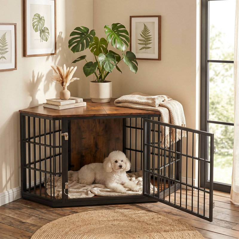 Fratesi Corner Wooden Dog Crate and End Table, 28" H x 52" W x 26.7" D, Walnut/Black
