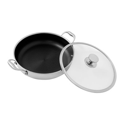 12.6" Stainless Steel Frying Pan With Glass Lid Triple-Layer Induction Skillet Honeycomb Non-Stick, Oven Safe, For Gas & Electric Stoves