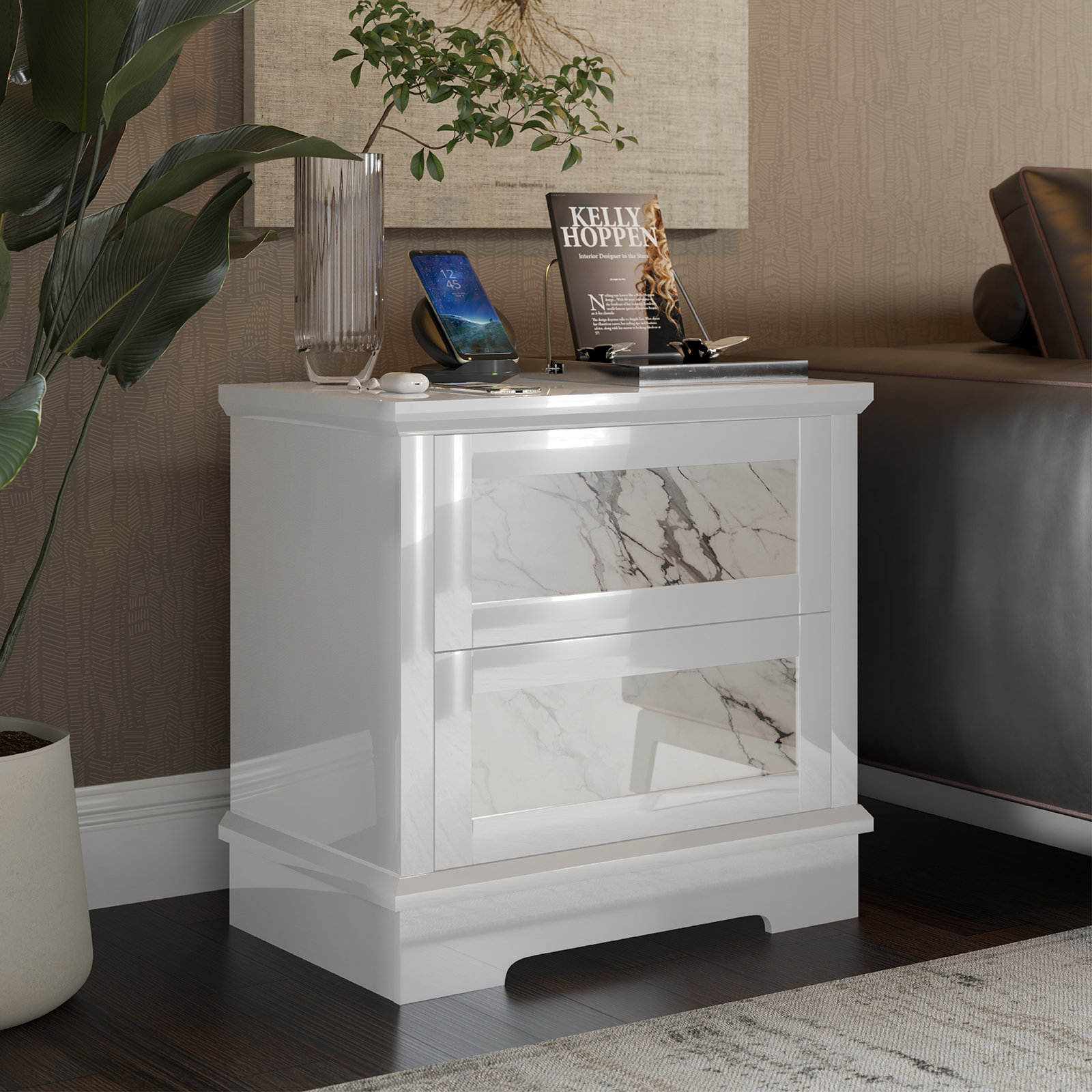 Red Barrel Studio® Alarriah Natural Marble Night Stand With Drawers