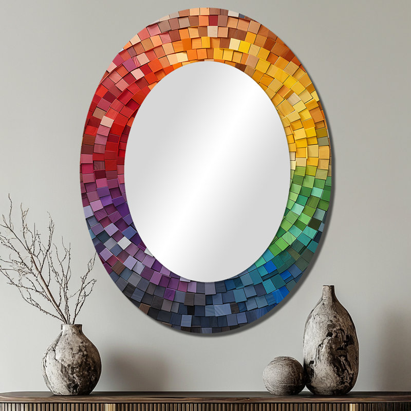 Colorful Spiraling Mosaic - Large Oval Wall Mirror On Metal, 40" x 30"