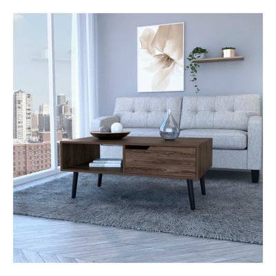 Table basse, une tablette ouverte, un tiroir, noyer foncé