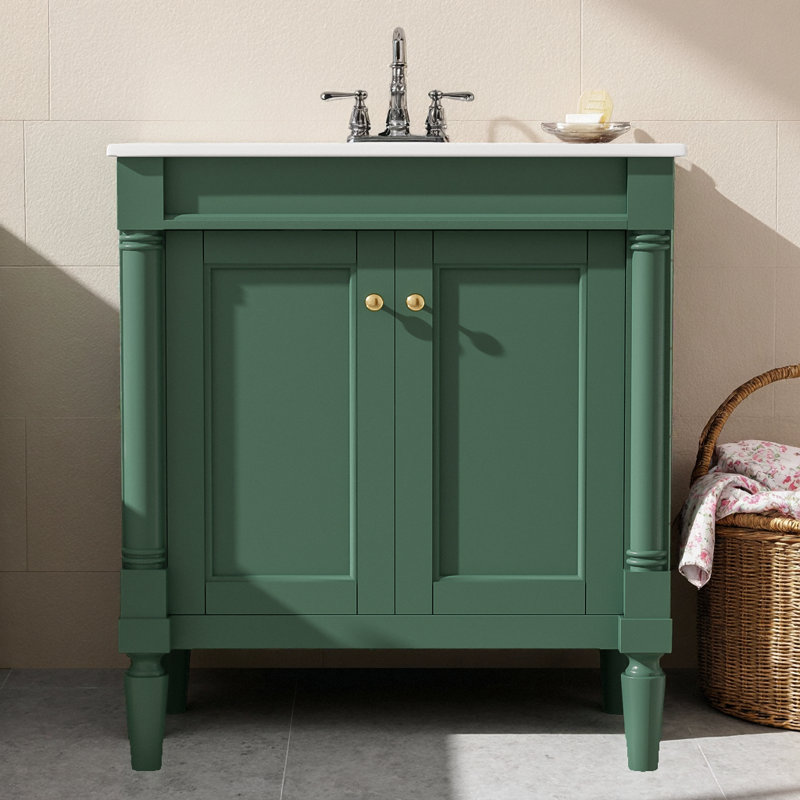 Meuble-lavabo de 30 po d'inspiration française | Portes à fermeture en douceur, pieds en bois massif, détails sculptés et boutons, lavabo en céramique avec robinet de 4 po