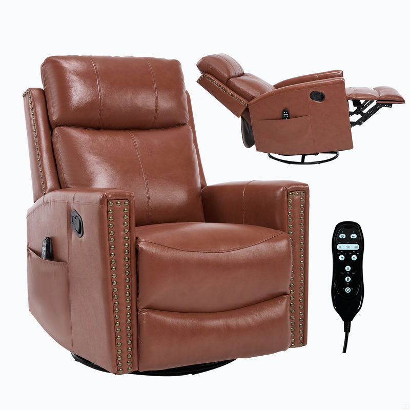 Fauteuil inclinable manuel à massage thermique en cuir véritable avec chaise berçante et pivotante, Rouge