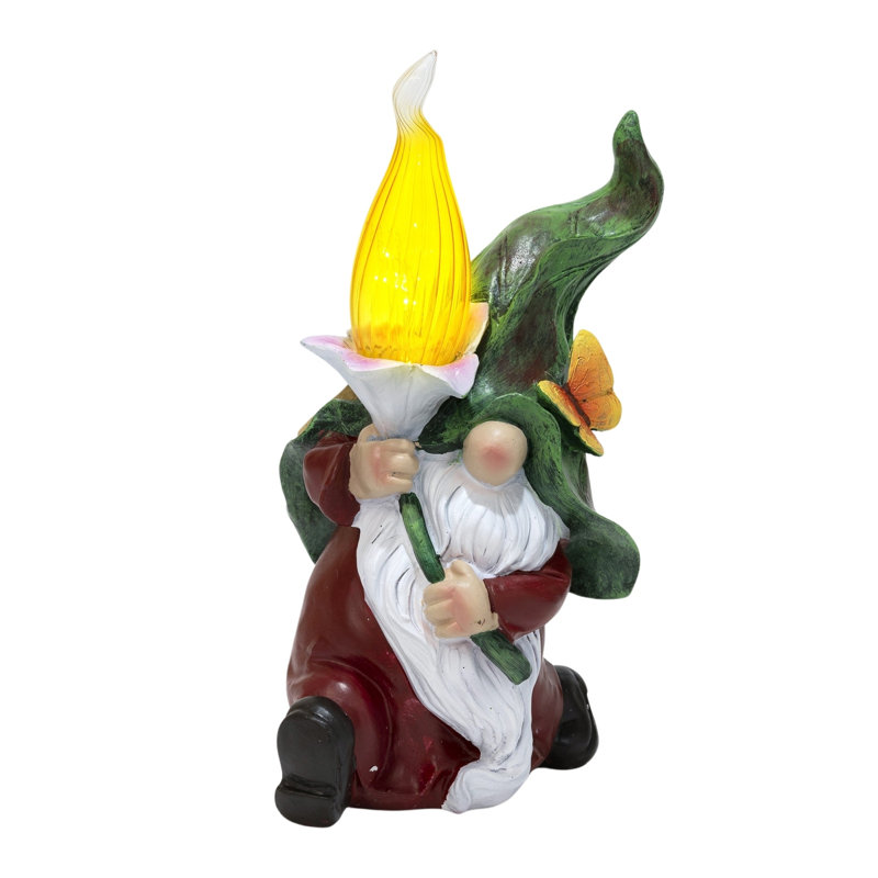 Gnome en polyrésine vert-rouge avec torche solaire à DEL