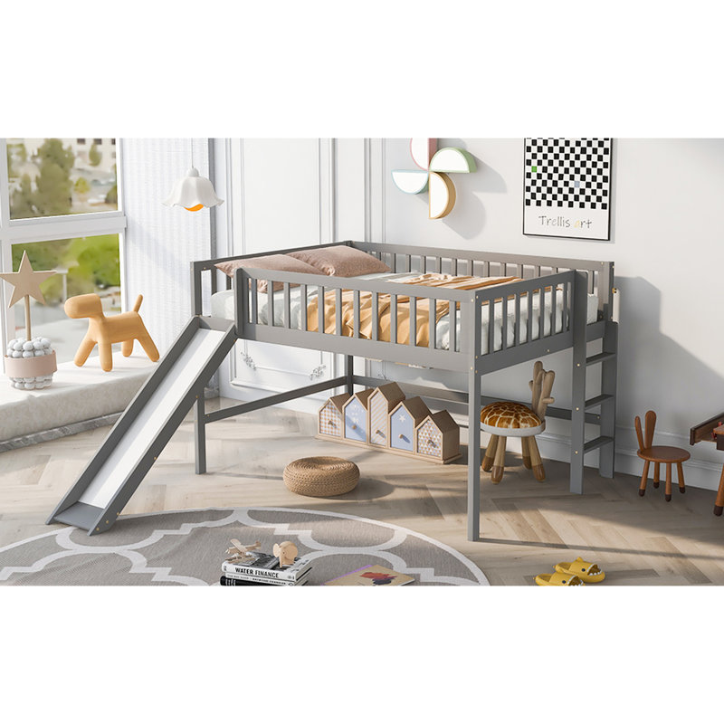 Lit mezzanine bas gris avec glissière amovible pour un agencement polyvalent, Gris, Lit double