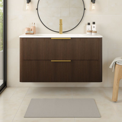 Meuble-lavabo flottant moderne de 36 po avec lavabo intégré en pierre frittée, armoire en contreplaqué et 2 tiroirs à fermeture en douceur