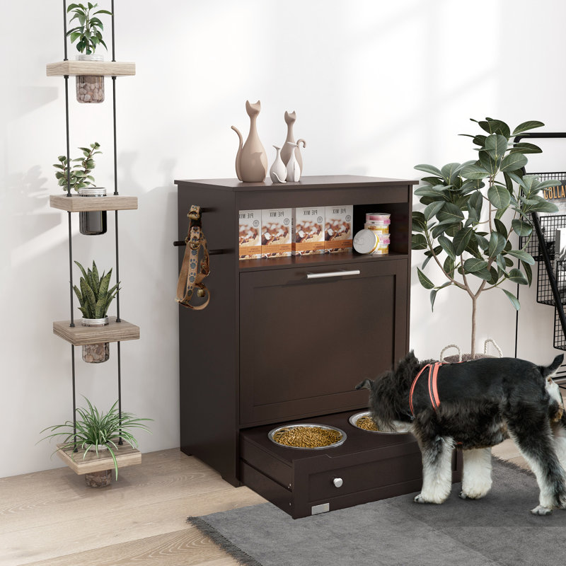 Mangeoire brune pour animaux - Poste d'alimentation pratique et hygiénique avec rangement et bols surélevés, teinte