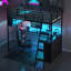 Lit mezzanine simple en métal avec bureau, rangement et rangement à DEL de conception moderne noir-118036647