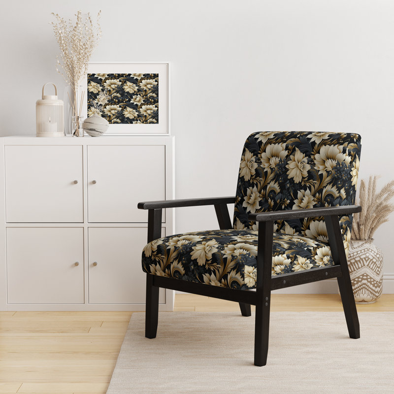 Fauteuil d'appoint rembourré bohémien et éclectique fleur beige foncé damassé Breeze II