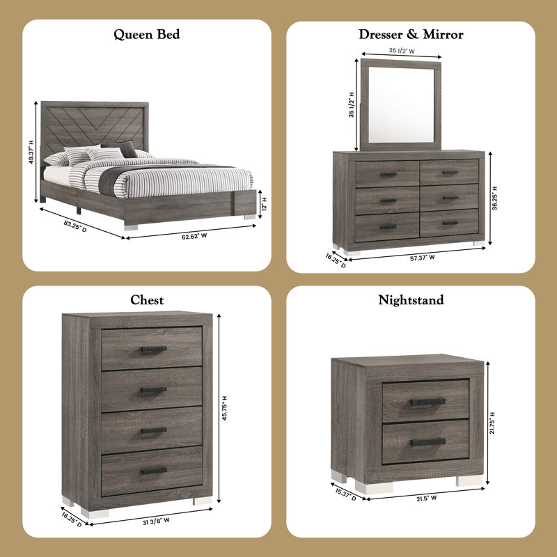 Ensemble de chambre à coucher grand lit en bois gris avec tête de lit à chevrons, commode, miroir, commode et 2 tables de chevet