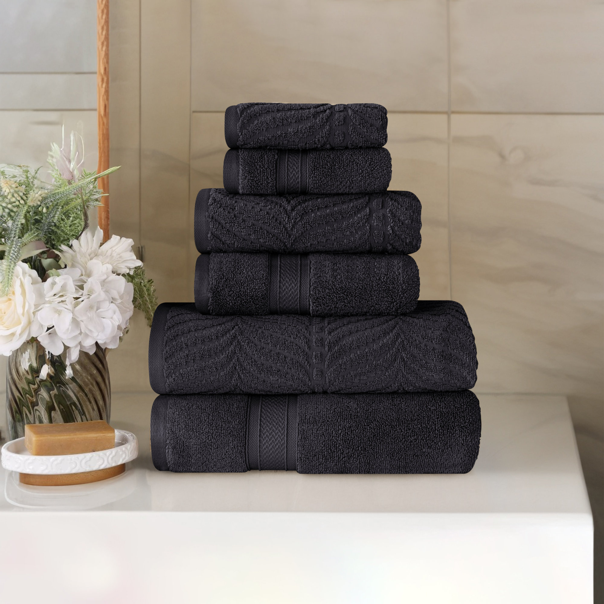 Amaretto Chevron Zero Twist Solid and Jacquard Cotton 6 Piece Bathroom Towel Set, Black