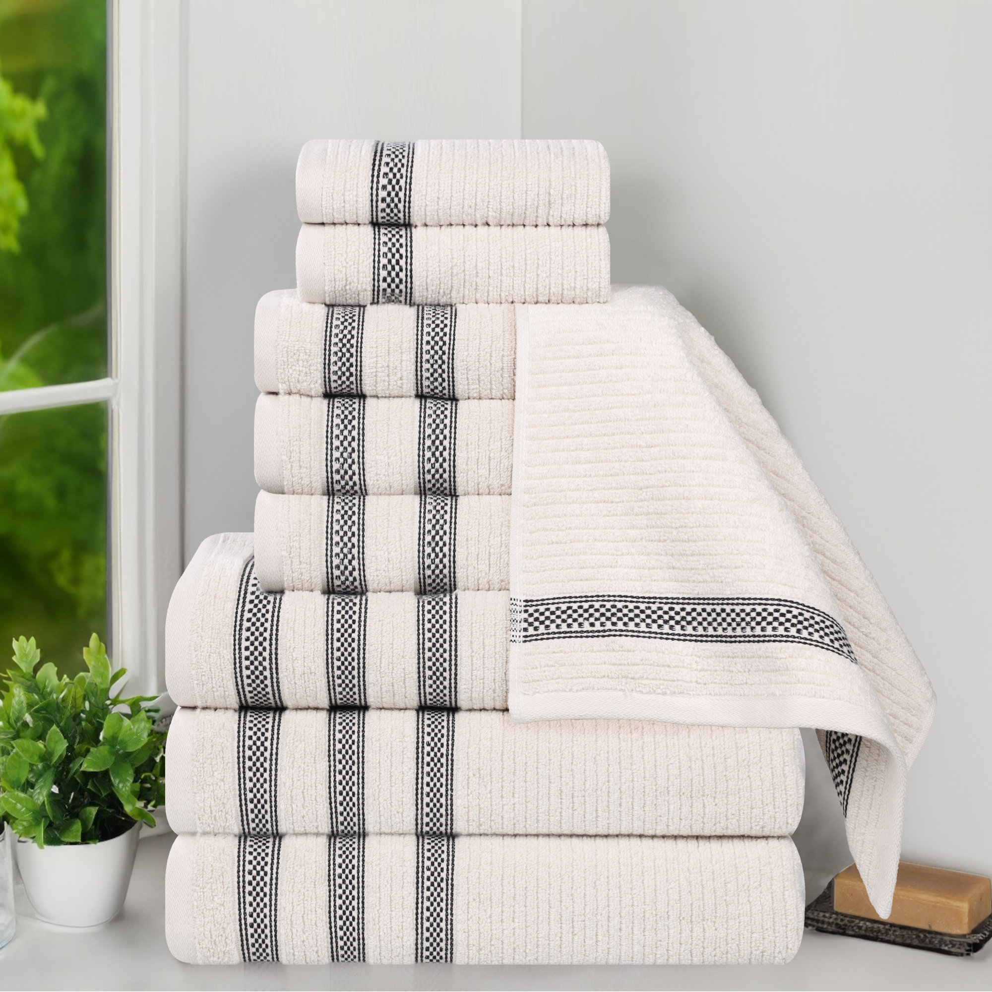 Orley Zero Twist Cotton Ribbed Modern Geometric Border Soft Highly-Absorbent Assorted Bathroom Towel Set, 9 Piece Towel Set