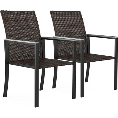 Patio Outdoor Dining Chairs Wicker Armchair With Steel Frame For Garden Yard And Deck, Brown- Set Of 2