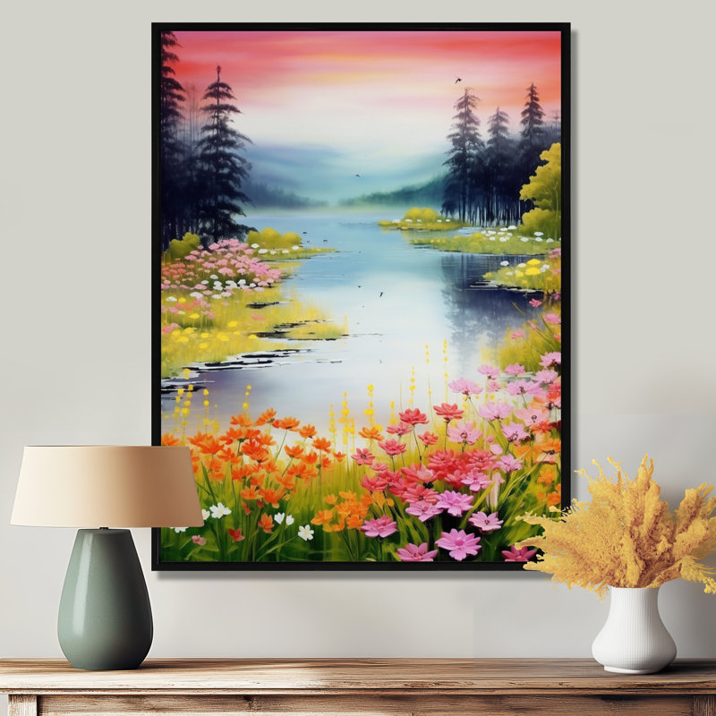 «Pink Blossoming Flower River In The Forest III», reproduction d'art mural, Toile avec cadre flottant noir