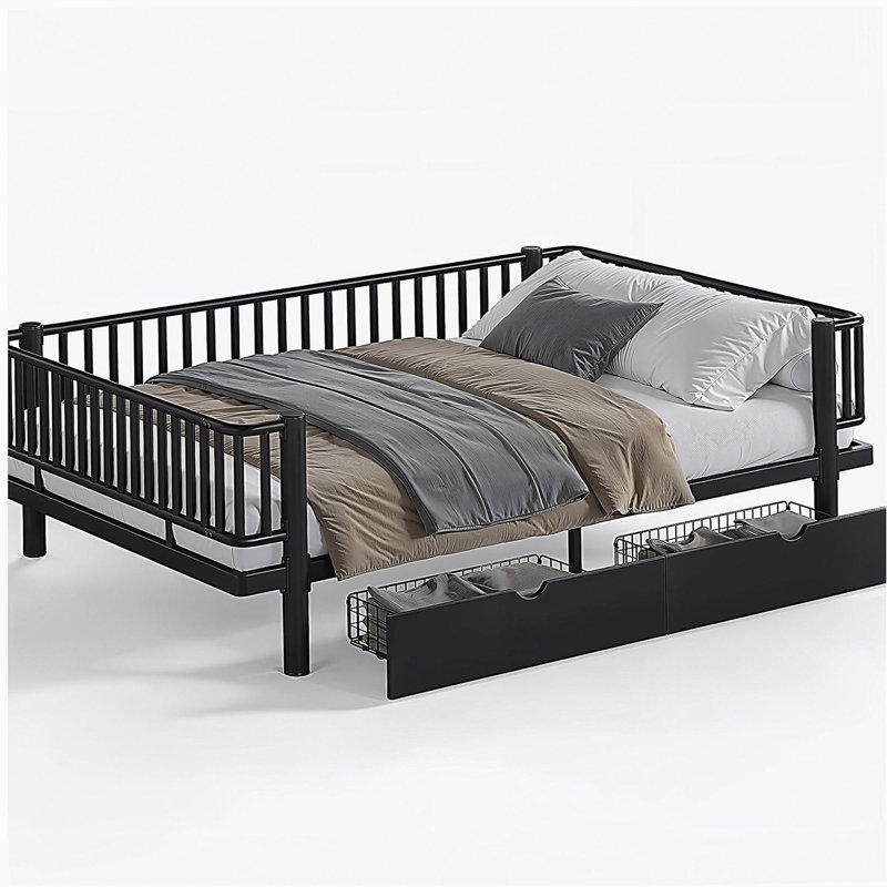 Grand lit plateforme avec tiroirs de rangement, structure de lit de jour en métal avec conception de tuyau rond de sécurité améliorée, conception à profil bas, noir