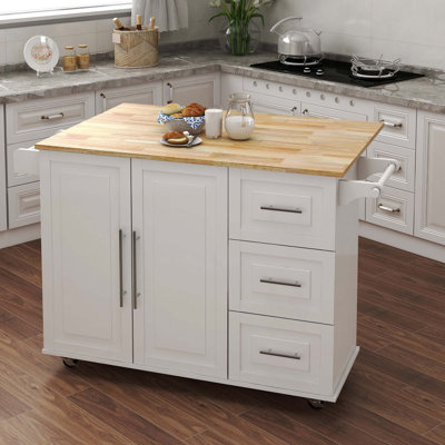 Îlot de cuisine avec support à épices, porte-serviettes et plateau de table en bois massif extensible - blanc